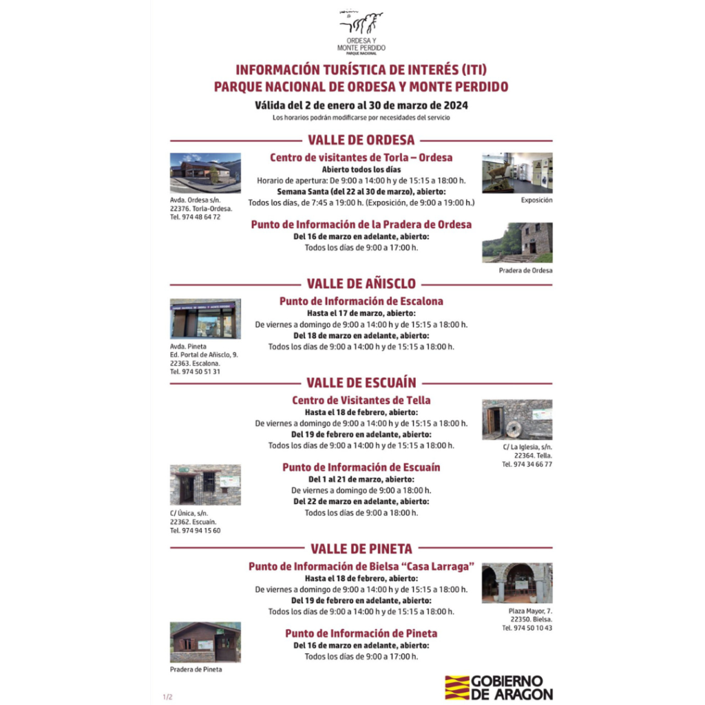 Información turística de interés del parque Nacional de Ordesa y Monte perdido para el período del 2 de enero al 30 de marzo del 2024